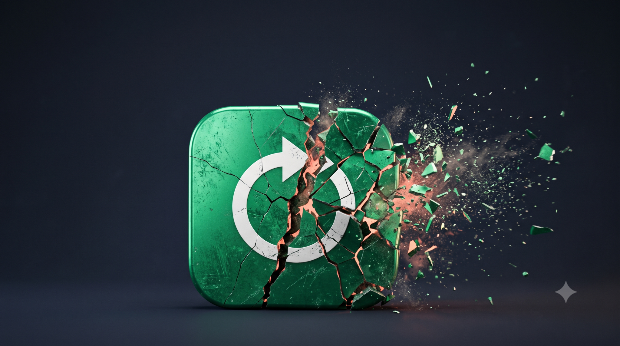 Cracked green app icon shattering into pieces, illustrating why did Vine Failed and its 2016 shutdown