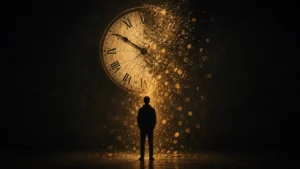 A silhouetted figure standing in a dark room watching a vanishing clock face dissolve into scattering gold coins — how to tell your startup is running out of runway