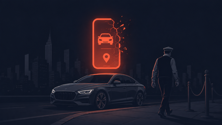 Luxe valet failure — illustration of an abandoned valet parking app and empty city street symbolizing the startup's collapse