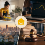 Why Homejoy failed — collage of a house cleaner at work, a declining growth chart, the San Francisco skyline, and a courtroom gavel representing the startup's collapse