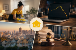 Why Homejoy failed — collage of a house cleaner at work, a declining growth chart, the San Francisco skyline, and a courtroom gavel representing the startup's collapse