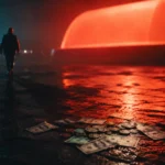 Why Karhoo failed — silhouette walking away from an oversized glowing warning sign above a small pile of cash on a rain-soaked street