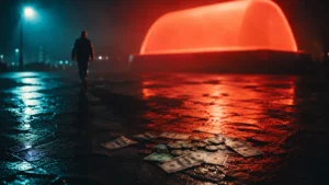 Why Karhoo failed — silhouette walking away from an oversized glowing warning sign above a small pile of cash on a rain-soaked street