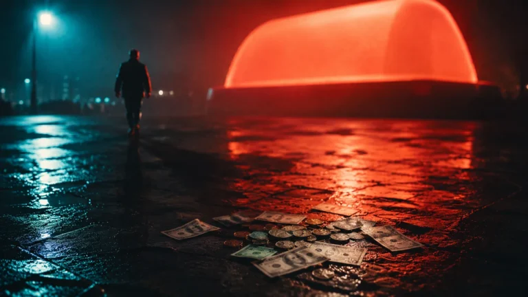 Why Karhoo failed — silhouette walking away from an oversized glowing warning sign above a small pile of cash on a rain-soaked street