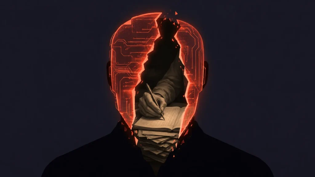 ScaleFactor failure — AI mask cracking open to reveal manual bookkeeping labor inside