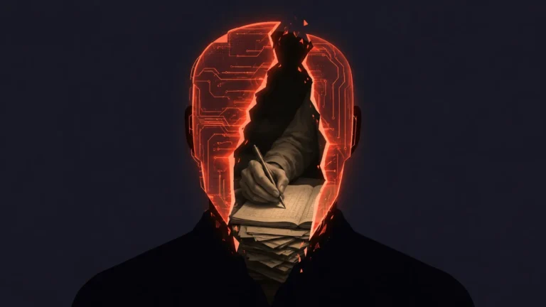 ScaleFactor failure — AI mask cracking open to reveal manual bookkeeping labor inside
