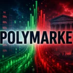 Polymarket funding round illustration — bold POLYMARKET wordmark over a rising prediction-market odds board with courthouse and regulatory storm imagery symbolizing the $300M funding round